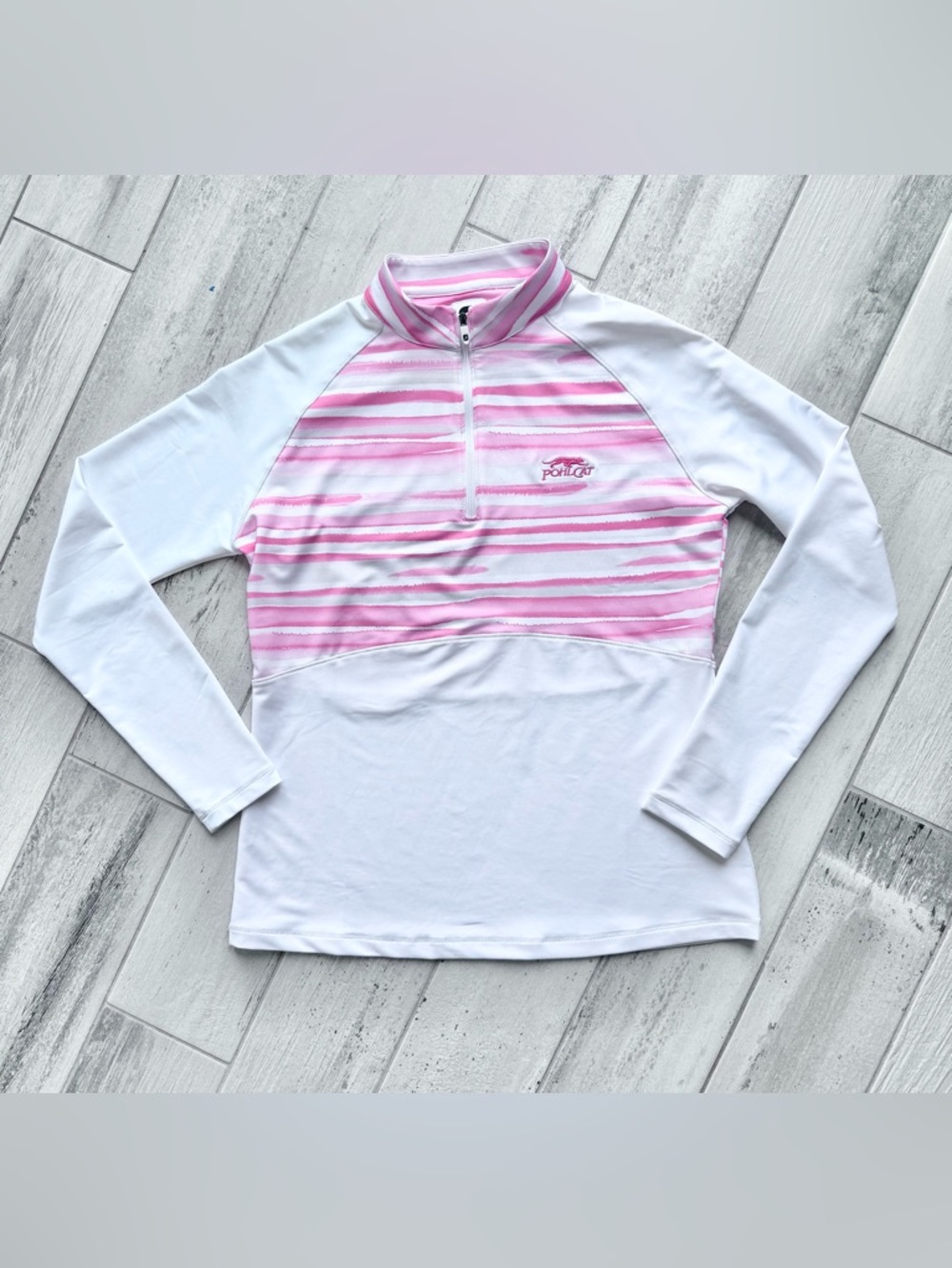 FootJoy Pohlcat White and Pink Stripe Long Sleeve Quarter Zip Shirt - Size small